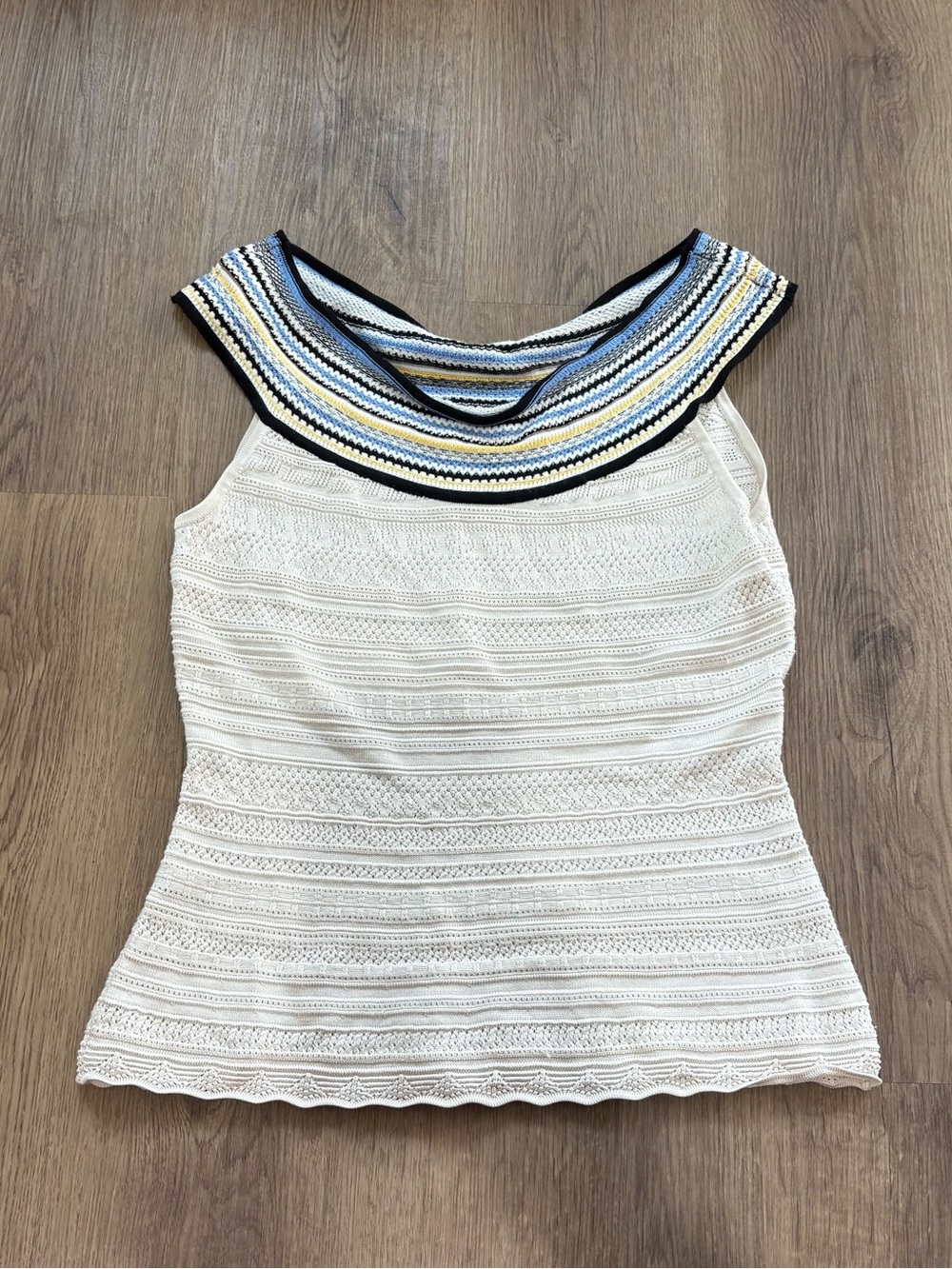White House Black Market Cream Knit Tank with Striped Crochet Collar